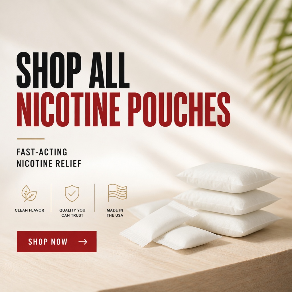Nicotine pouches stacked on wooden table with ad text